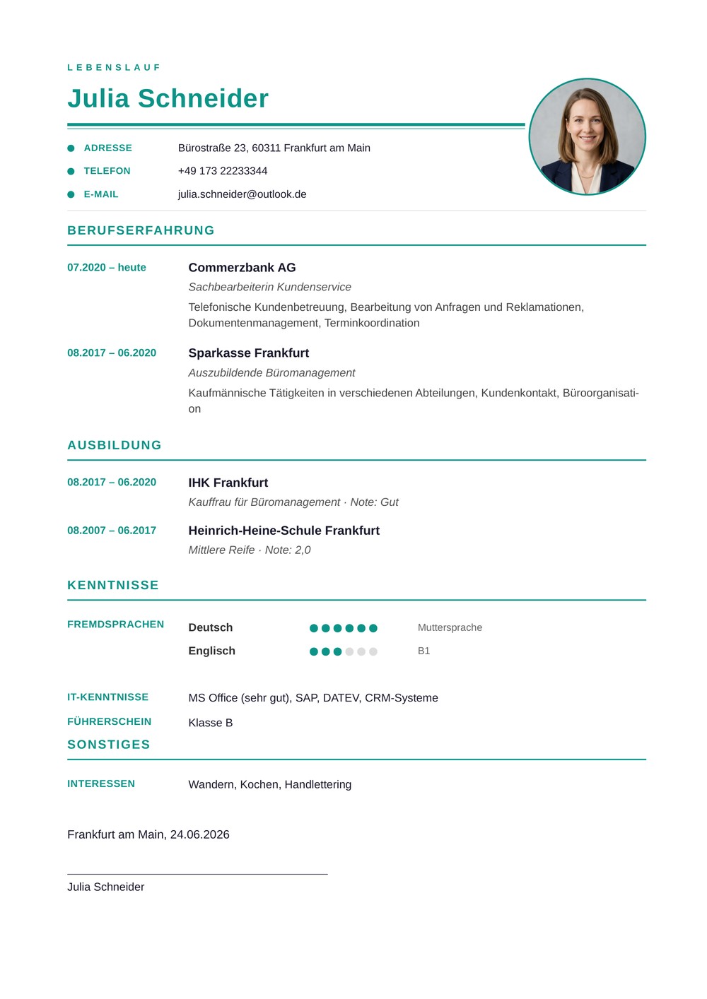 Lebenslauf-Muster Tabellarisch · Übersichtlich: Sachbearbeiterin · Verwaltung