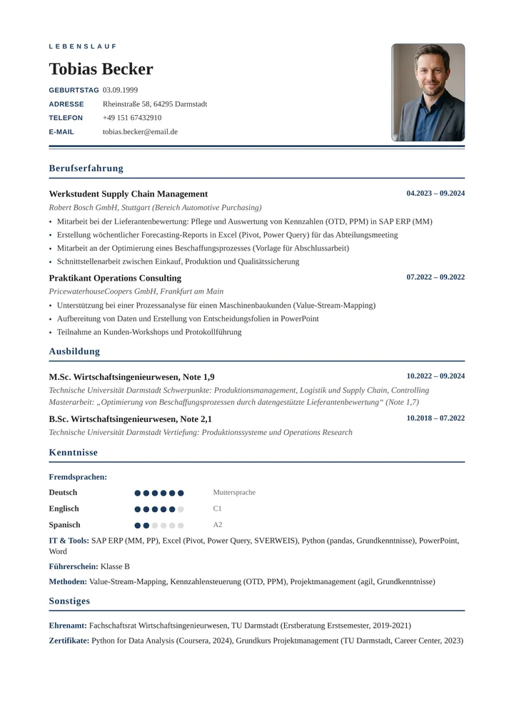 Muster-Lebenslauf eines Wirtschaftsingenieurs nach dem Master: akademisches Layout mit M.Sc.-Studium inkl. Note und Schwerpunkten, Masterarbeit, Werkstudentenstelle bei Bosch, Praktikum bei PwC und IT-Kenntnissen