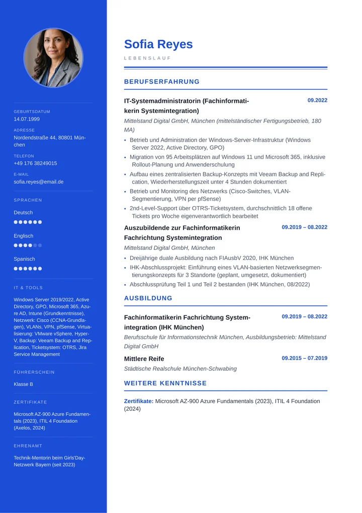Muster-Lebenslauf einer Fachinformatikerin Systemintegration: modernes Layout mit Berufserfahrung als IT-Administratorin, benanntem Tech-Stack aus Windows Server, Cisco-Netzwerk und Veeam, IHK-Abschluss mit Abschlussprojekt und Zertifikaten