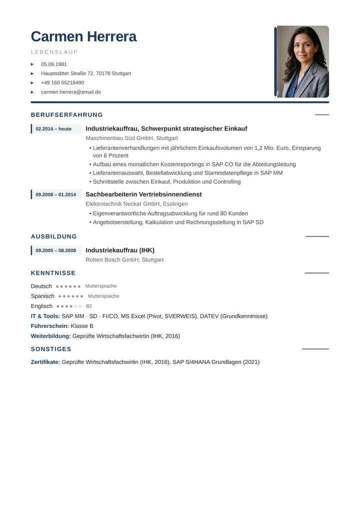 Muster-Lebenslauf einer Industriekauffrau: sachliches Layout mit klarem Funktionsschwerpunkt Einkauf, benannten SAP-Modulen, Erfolgen mit Kennzahlen und IHK-Weiterbildung