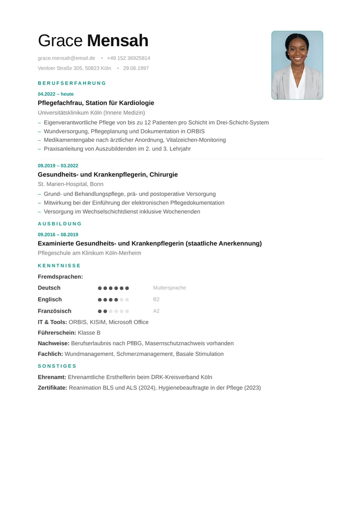 Muster-Lebenslauf einer Pflegefachfrau: klares Layout mit Stationen in Kardiologie und Chirurgie, Pflege-Kennzahlen, examinierter Ausbildung, Nachweisen und Fachweiterbildungen