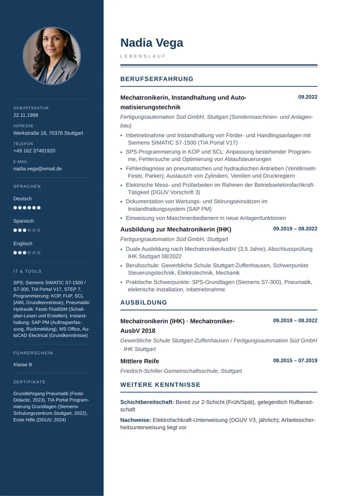 Muster-Lebenslauf einer Mechatronikerin: modernes Layout mit Berufserfahrung in Instandhaltung und Automatisierungstechnik, konkreten SPS-Steuerungen (Siemens S7, TIA Portal), Pneumatik/Hydraulik, IHK-Ausbildung und Elektrofachkraft-Nachweis