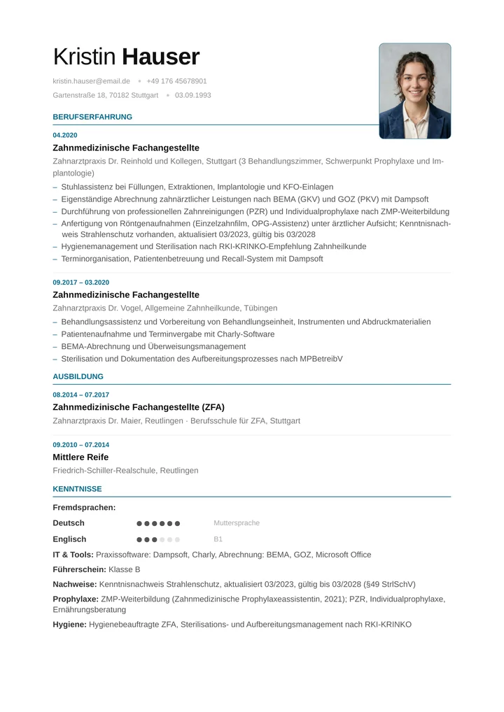 Muster-Lebenslauf einer Zahnmedizinischen Fachangestellten: tabellarischer Aufbau mit Berufserfahrung in Stuhlassistenz und Prophylaxe, Abrechnung nach BEMA und GOZ, Kenntnisnachweis Strahlenschutz und ZMP-Weiterbildung
