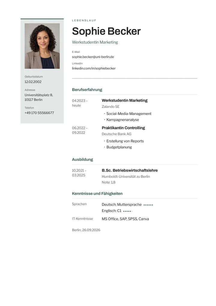 Lebenslauf-Vorlage Balance, Helle Seitenleiste links, Werdegang rechts