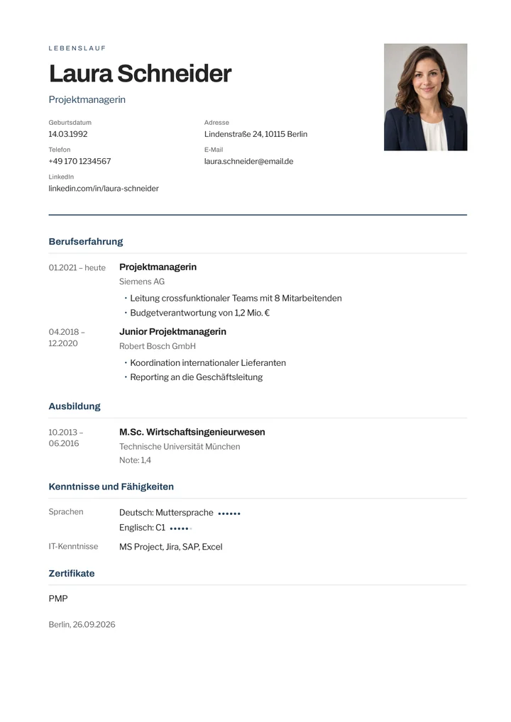 Lebenslauf-Vorlage Klarheit, Ruhiger Aufbau mit klarer Datenspalte
